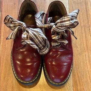 Dr. Martens Burgundy Leather Lace-Up Boots with Plaid Laces